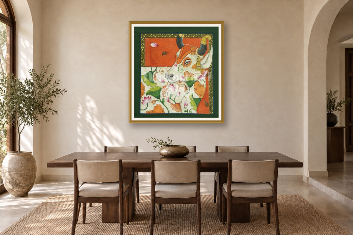 Kamdhenu Pichwai with Lotus Motifs styled in a premium dining room