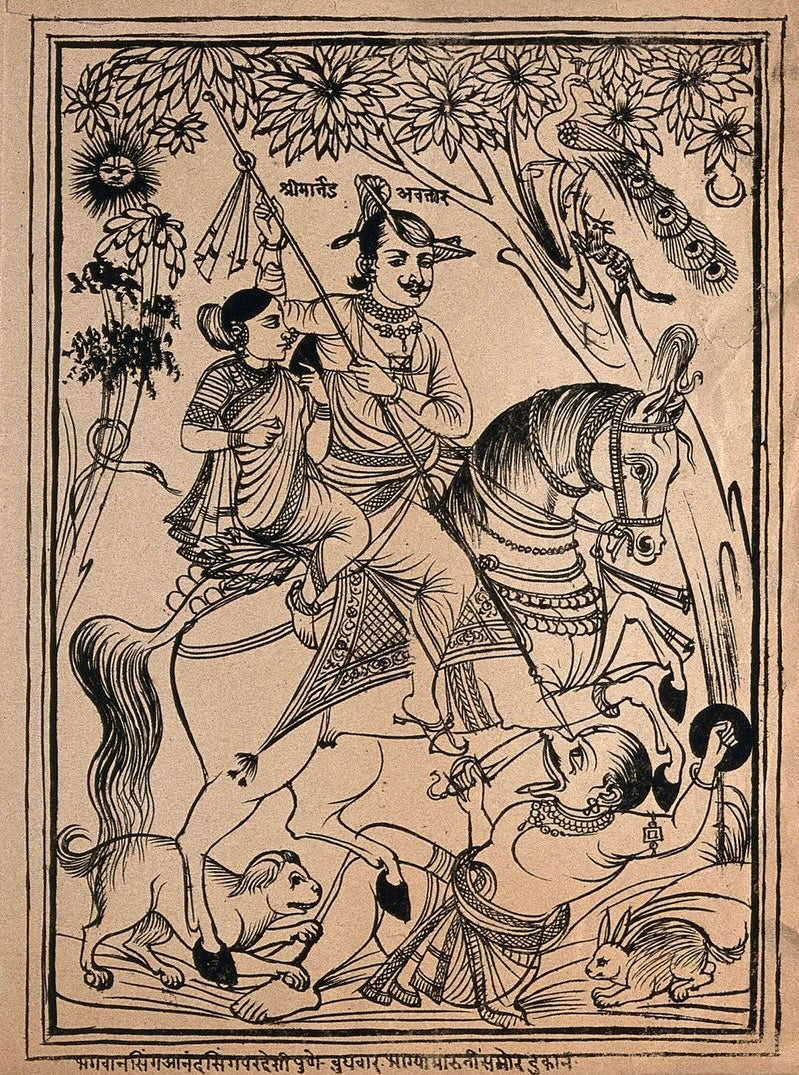Khandoba with Mhalsa defeating Malla in a vintage Indian line print