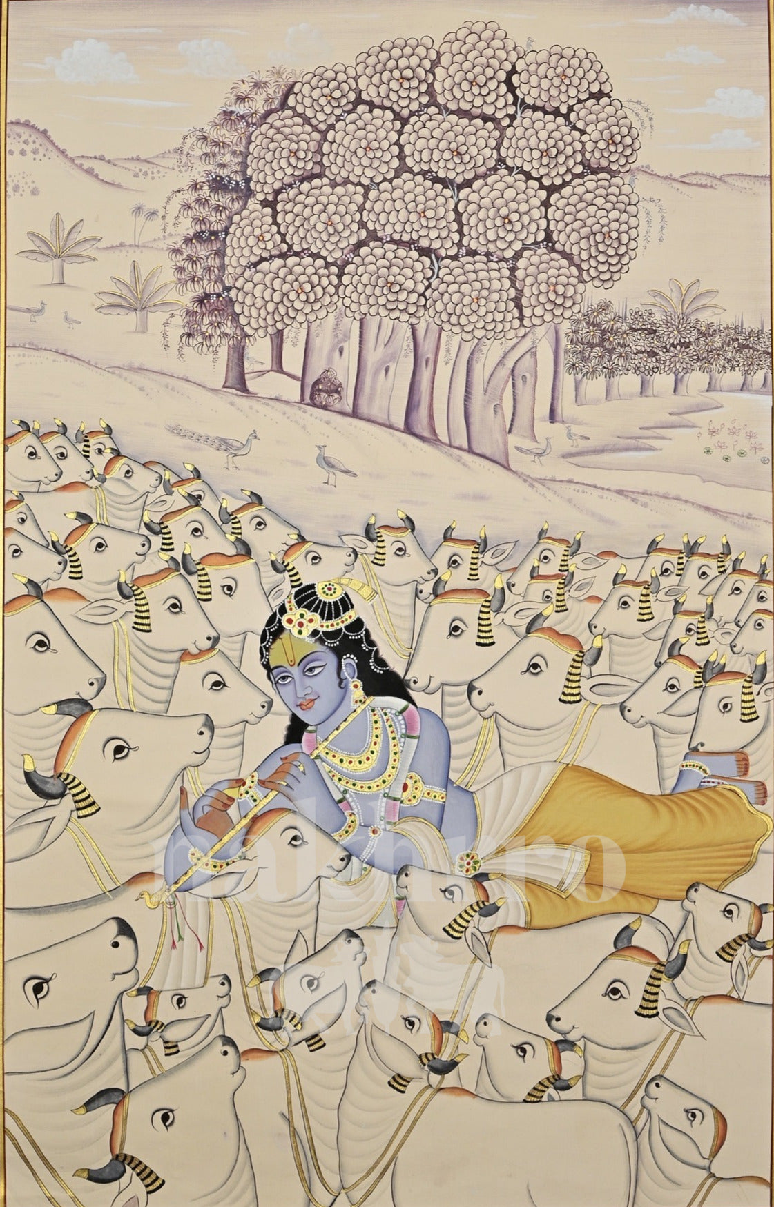 Krishna amid a White Herd in a Lavender Landscape — full artwork with Nakhrro watermark