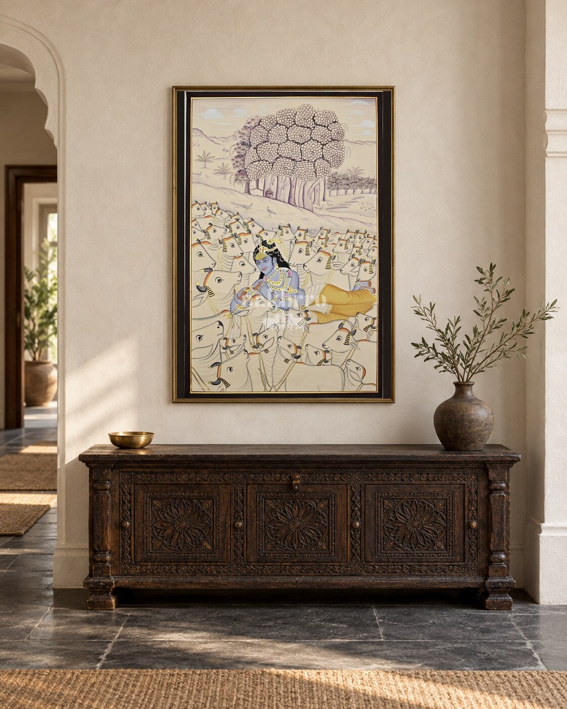 Krishna Among the Cows, framed in a luxurious Indian console setting; styling mockup