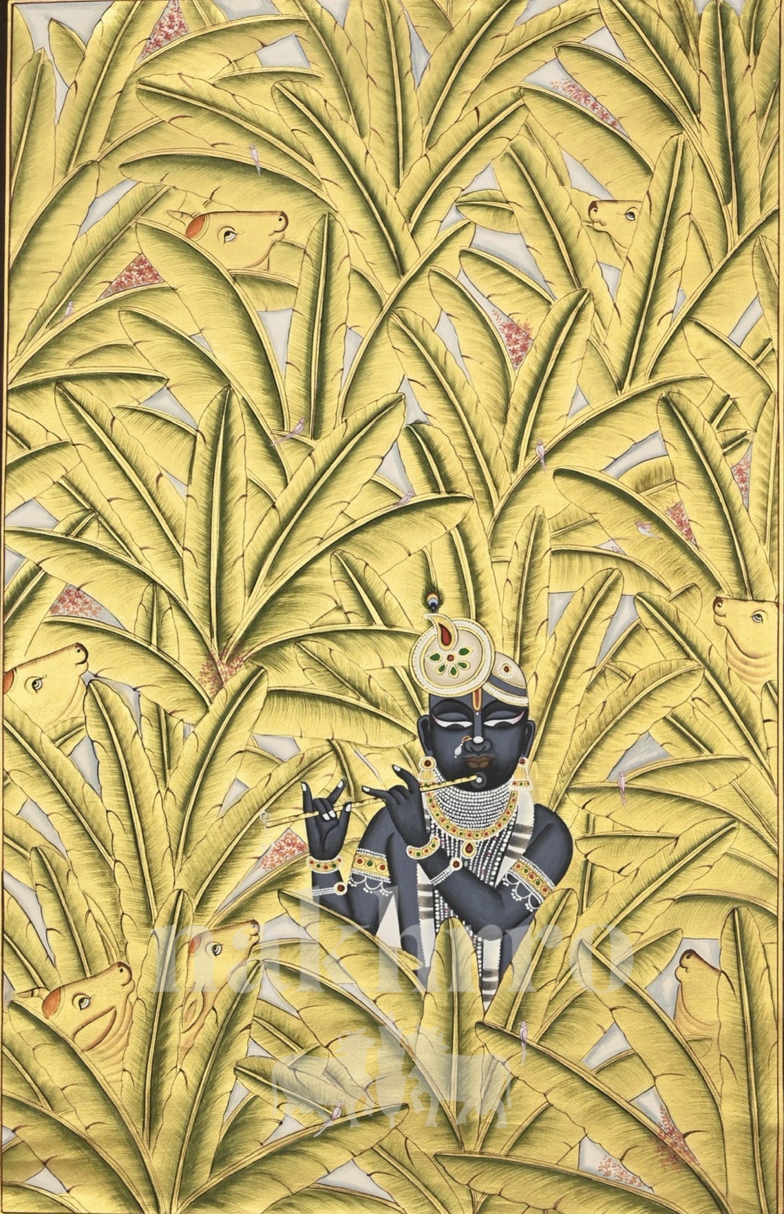 Krishna among Tall Golden Leaves — full artwork with Nakhrro watermark