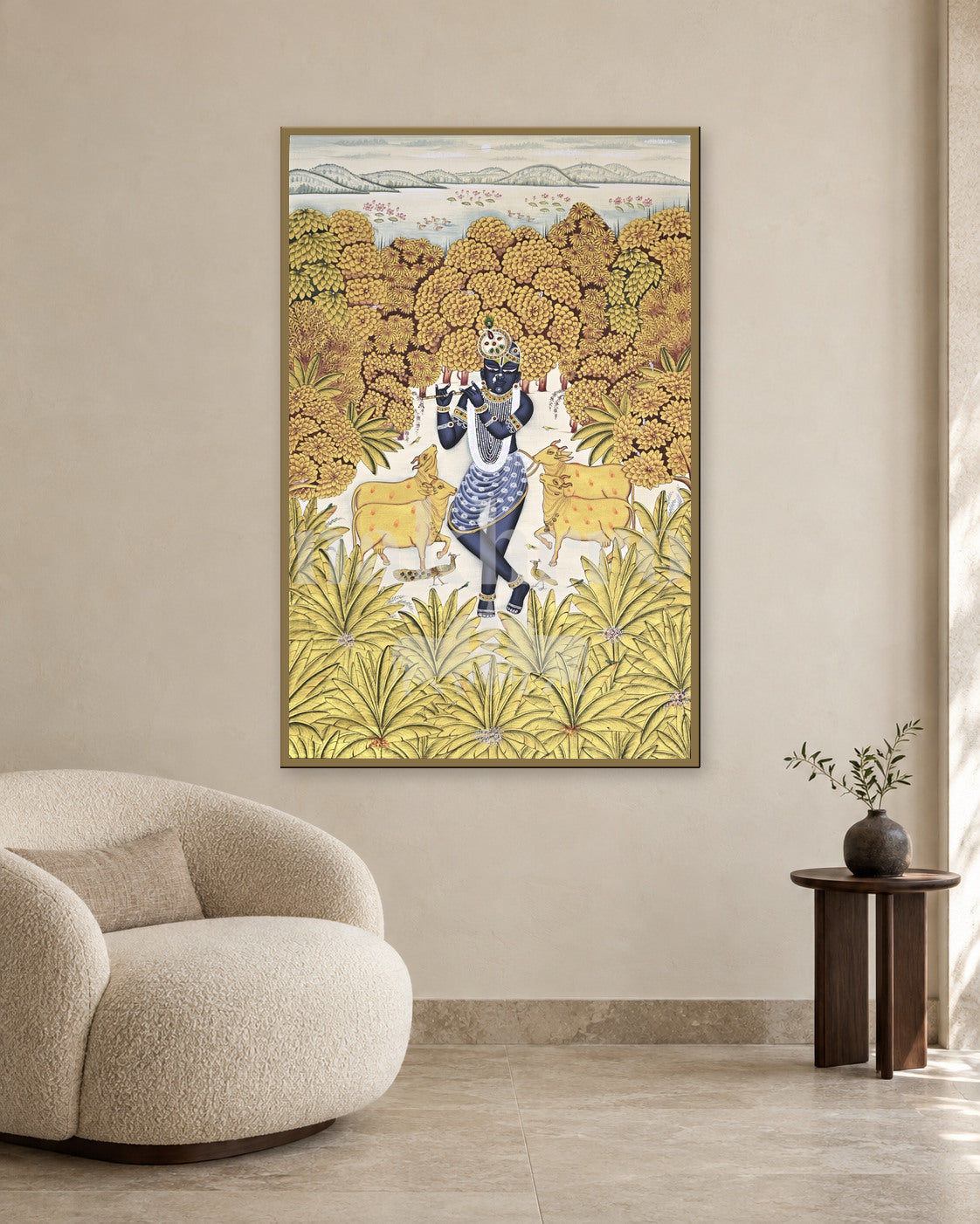 Krishna and Golden Cows in an Ivory Grove — slim-frame room mockup 2 with Nakhrro watermark