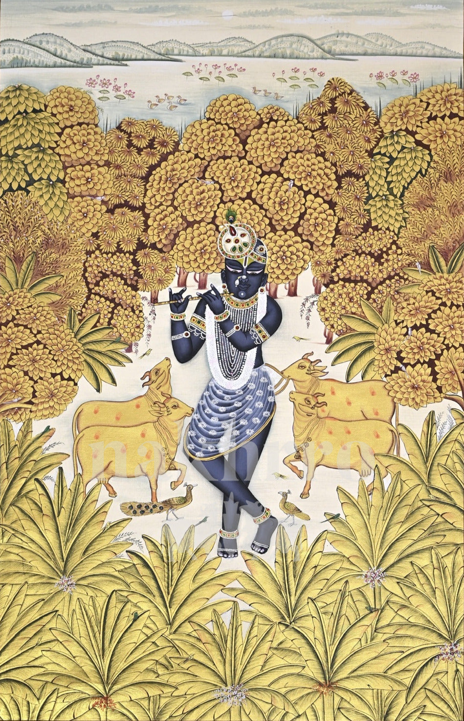 Krishna and Golden Cows in an Ivory Grove — full artwork with Nakhrro watermark