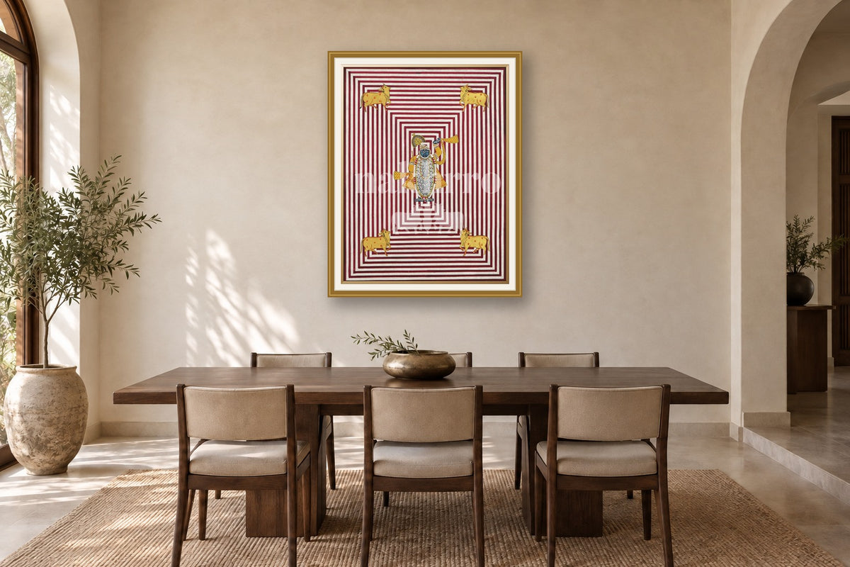 Krishna in Striped Geometric Maze- Deep Red Pichwai styled in a premium dining room