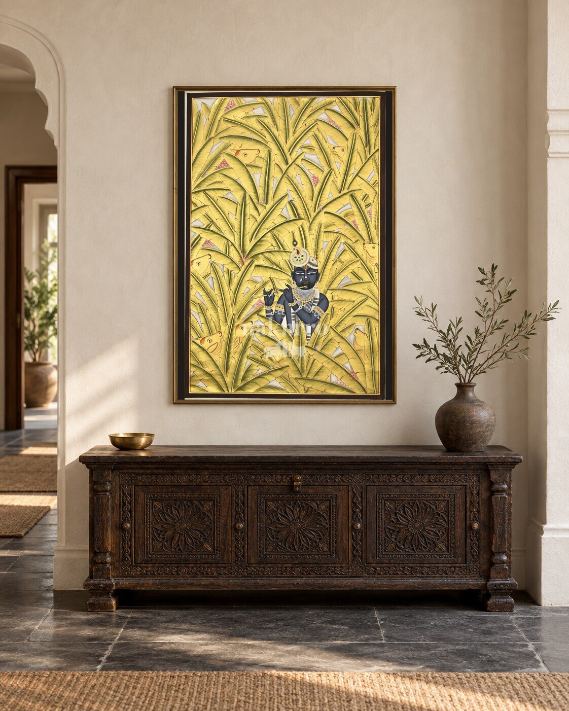Krishna Among Golden Banana Leaves, framed in a luxurious Indian console setting; styling mockup, 2 by 3 feet