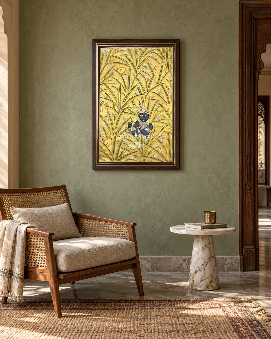 Krishna Among Golden Banana Leaves, framed in an Indian reading nook; styling mockup, 2 by 3 feet