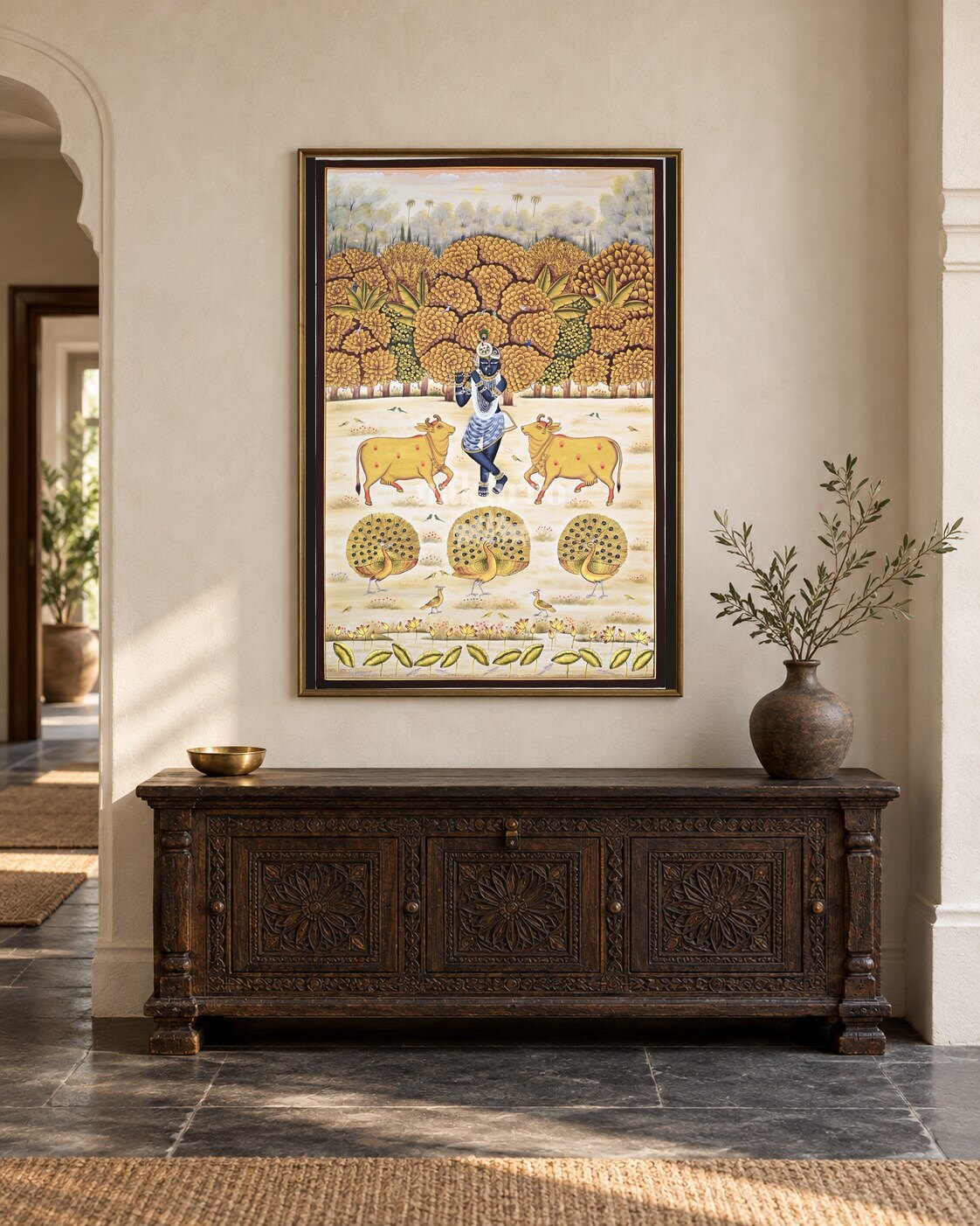 Krishna in a Golden Orchard with Cows, framed in a luxurious Indian console setting; styling mockup, 2 by 3 feet