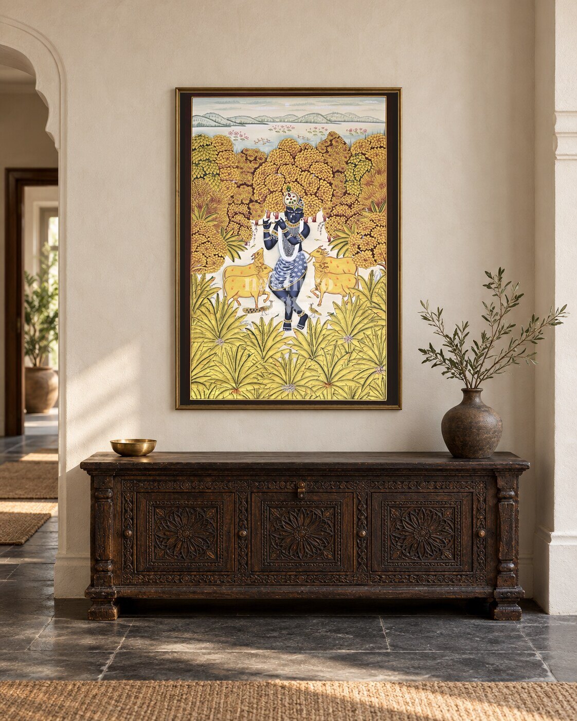 Krishna by the Golden Riverbank, framed in a luxurious Indian console setting; styling mockup, 2 by 3 feet