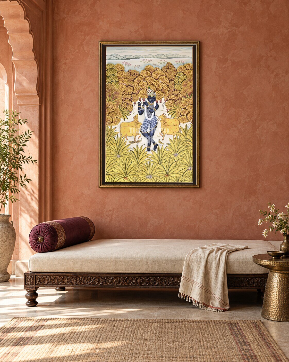 Krishna by the Golden Riverbank, framed above a daybed in a contemporary haveli; styling mockup, 2 by 3 feet