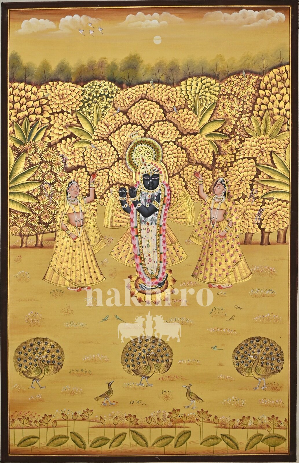 Krishna in a Golden Vrindavan Grove, full hand-painted original artwork, 2 by 3 feet