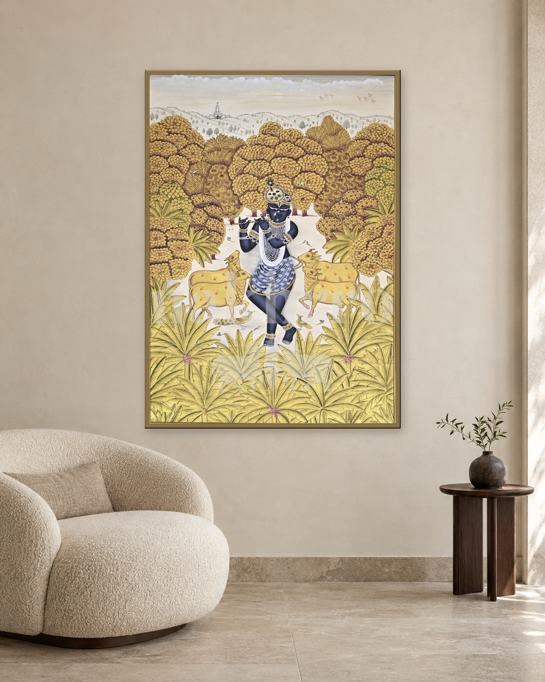 Krishna in a Golden Grove with a Distant Temple — slim-frame room mockup 2 with Nakhrro watermark