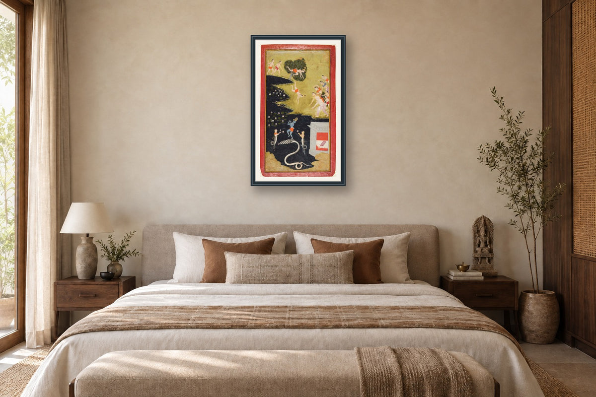 Krishna Dancing on Kaliya museum-grade art print in a bedroom