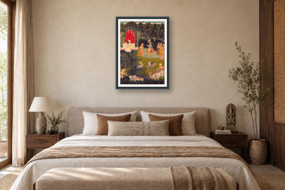 Krishna Leading the Gopis & Cows museum-grade art print in a bedroom