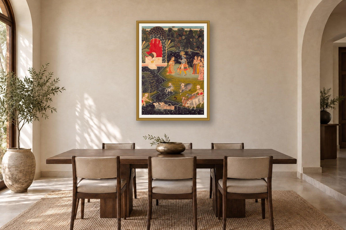 Krishna Leading the Gopis & Cows museum-grade art print in a dining room