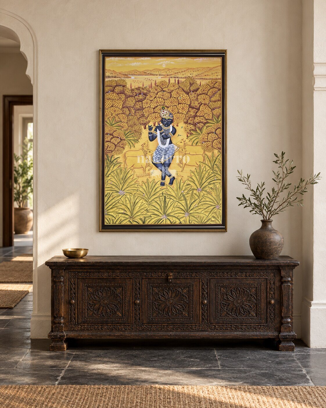 Krishna in Ochre Pastures, framed in a luxurious Indian console setting; styling mockup, 2 by 3 feet