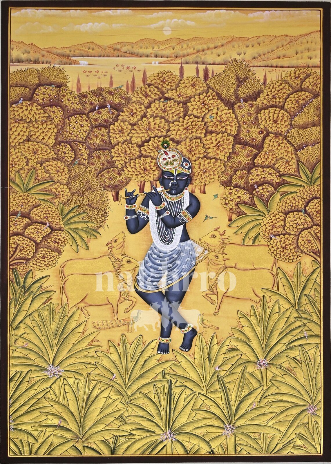 Krishna in Ochre Pastures, full hand-painted original artwork, 2 by 3 feet