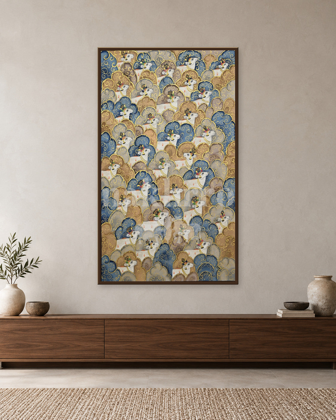 Layered Cow Herd in Blue and Gold — slim-frame room mockup 1 with Nakhrro watermark