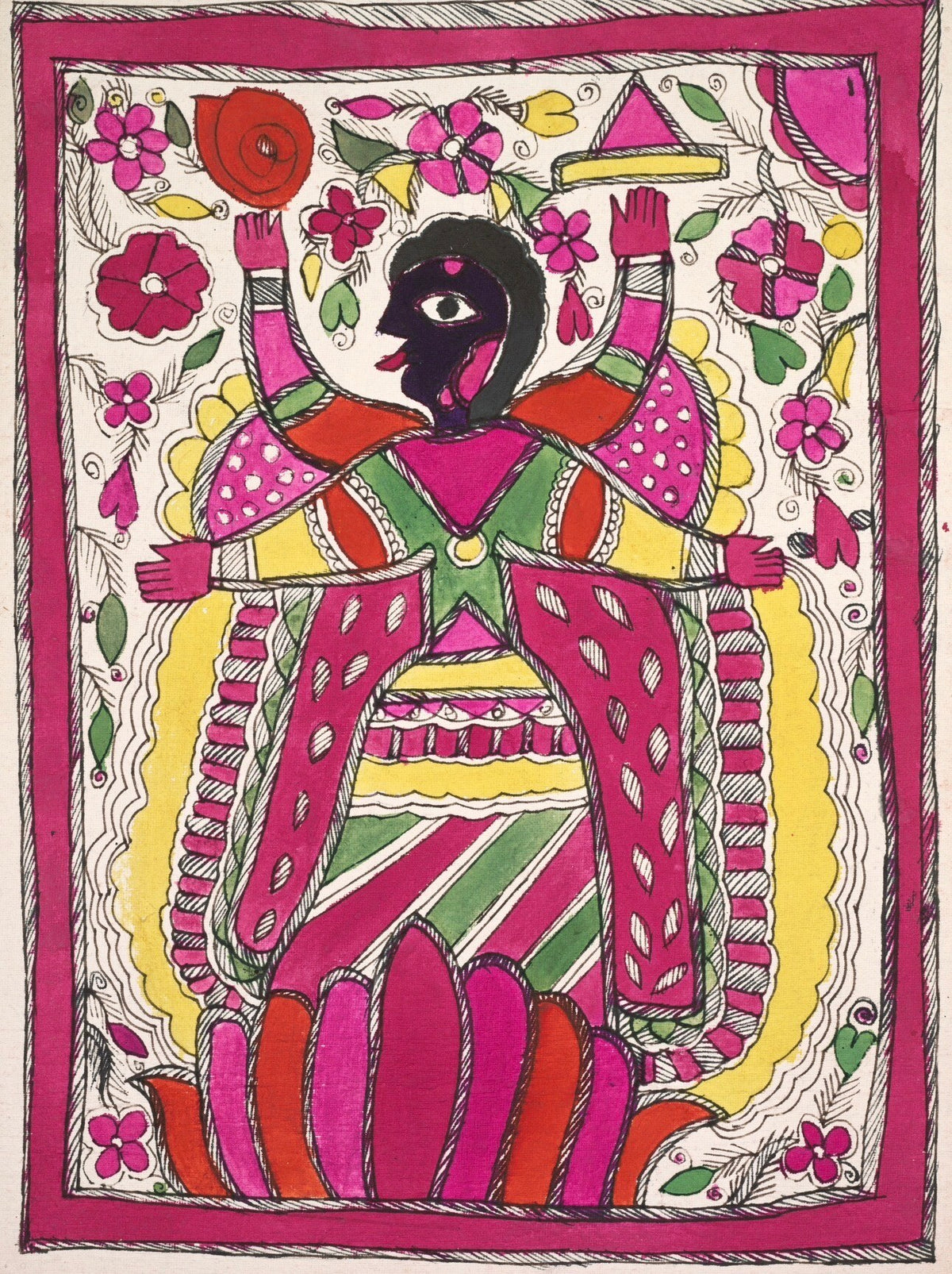 Lotus Kali in vivid pink, green and yellow Madhubani folk art