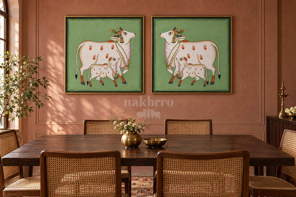 Mother Cow and Calf on Green — gallery wall room view 4