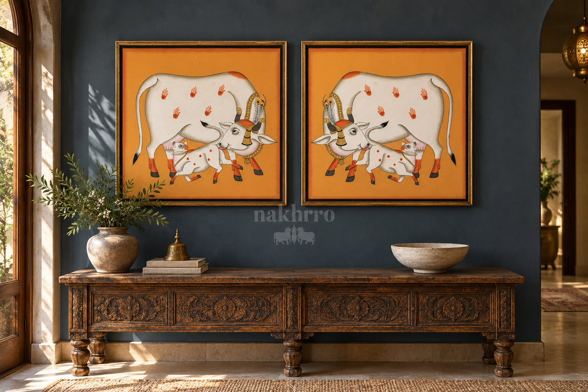 Mother Cow and Calf on Ochre — gallery wall room view 4