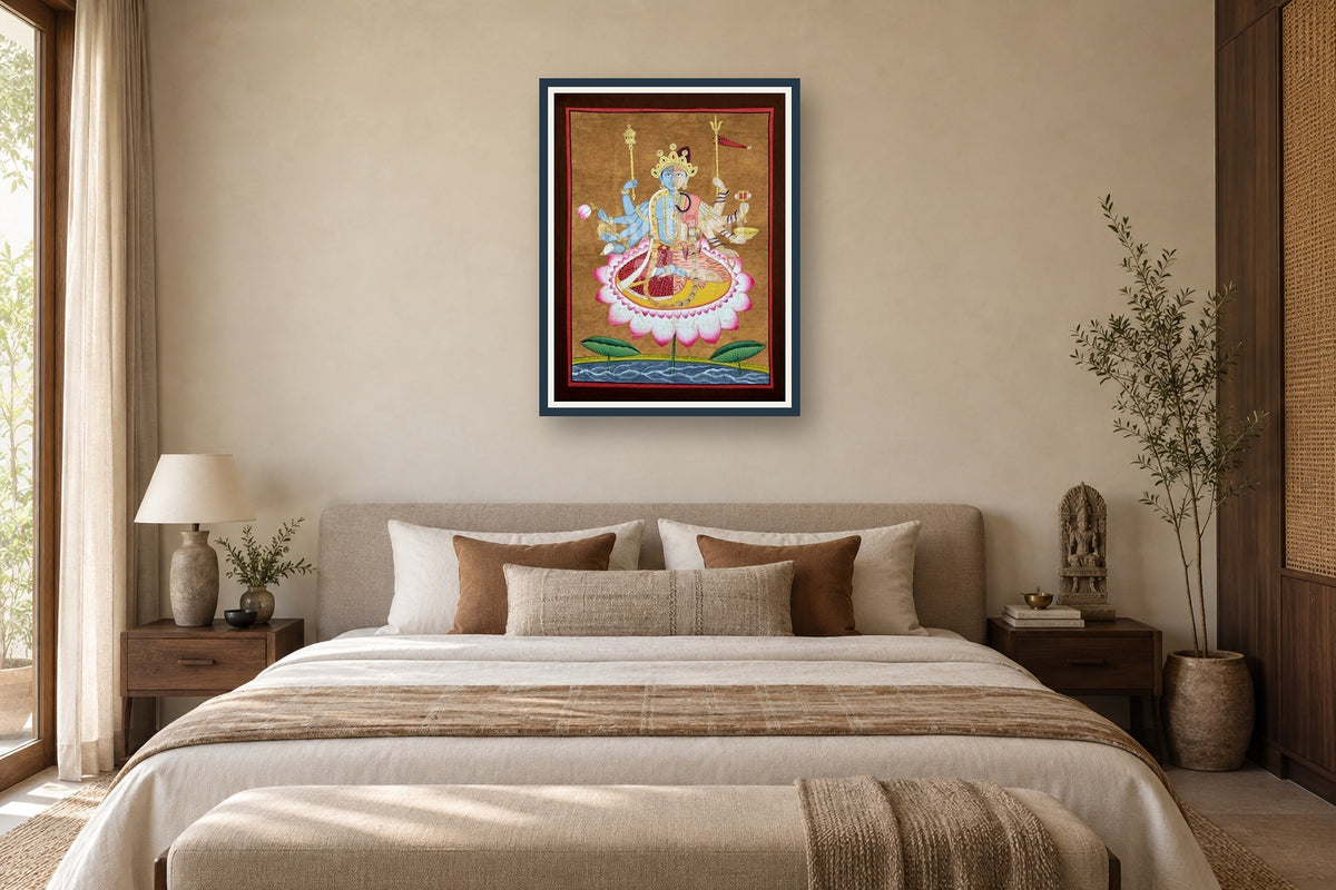 Ardhanarishvara art print styled in a premium bedroom