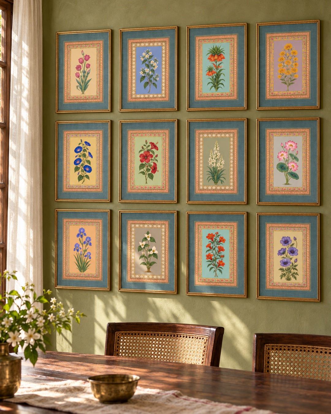 The Botanical Gallery: gallery wall of 12 Mughal floral artworks