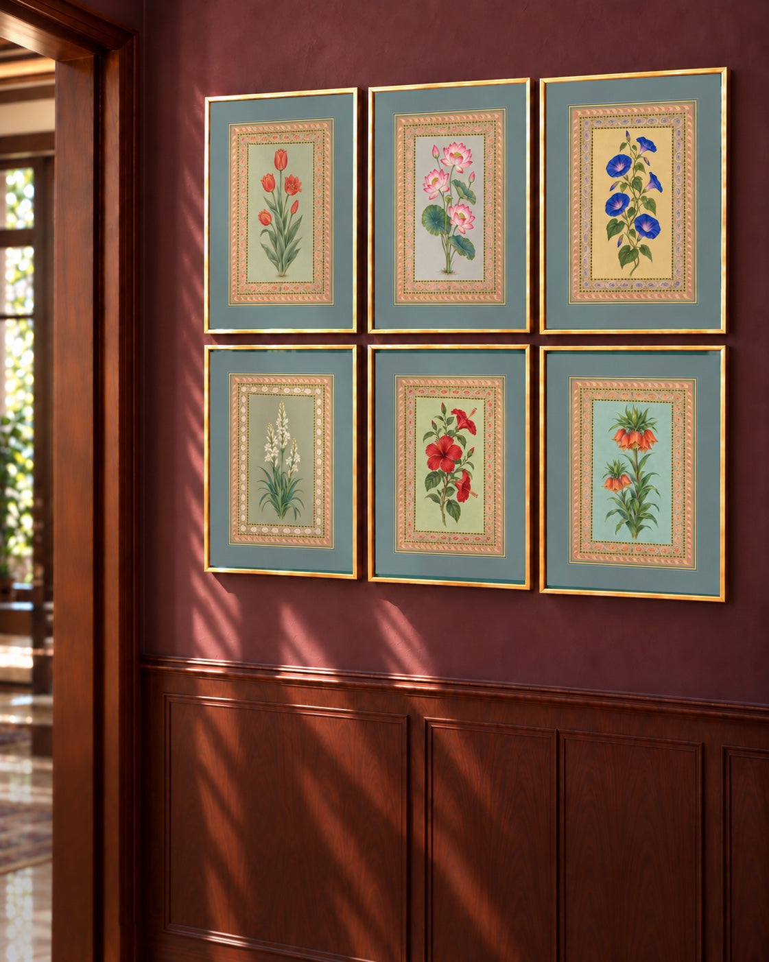 The Floral Six: gallery wall of 6 Mughal floral artworks