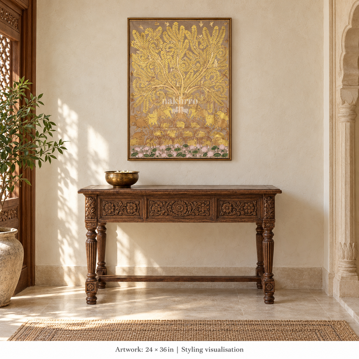 Golden Tree of Life with Elephants above an Indian carved console — styling visualisation labelled 24 × 36 inches