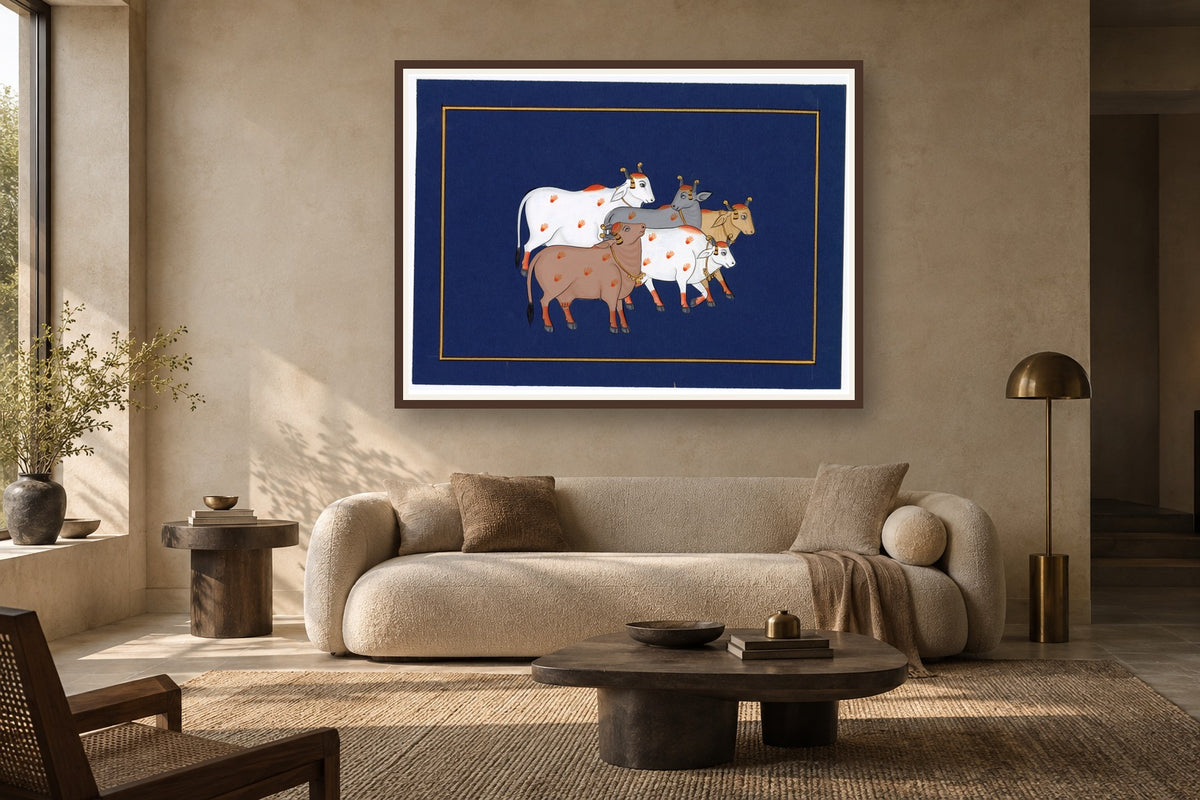 Indigo Kamdhenu cows art print styled in a premium living room