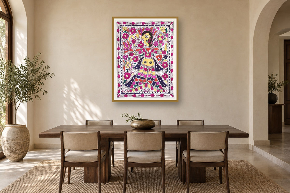 Lakshmi with owl Madhubani art print styled in a premium dining room