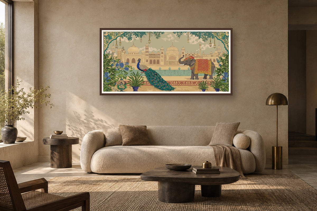 Mughal palace garden art print styled in a premium living room