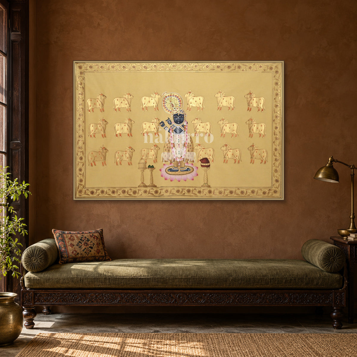 Golden Krishna with a Herd of Cows — Indian luxury interior styling, slim frame, room 2