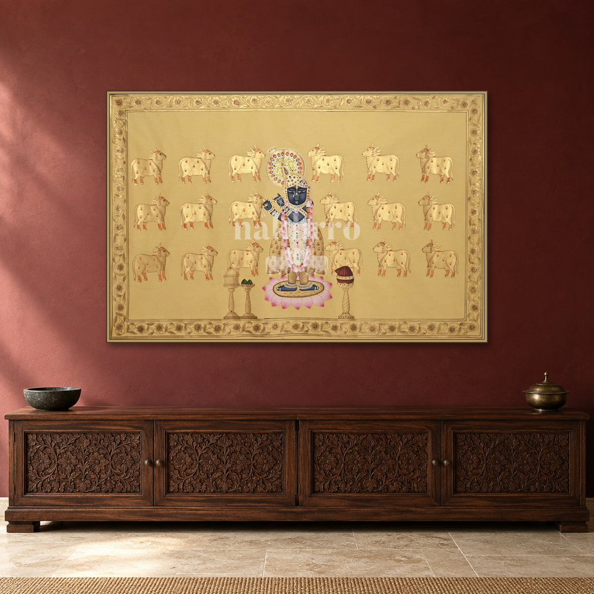 Golden Krishna with a Herd of Cows — Indian luxury interior styling, slim frame, room 3