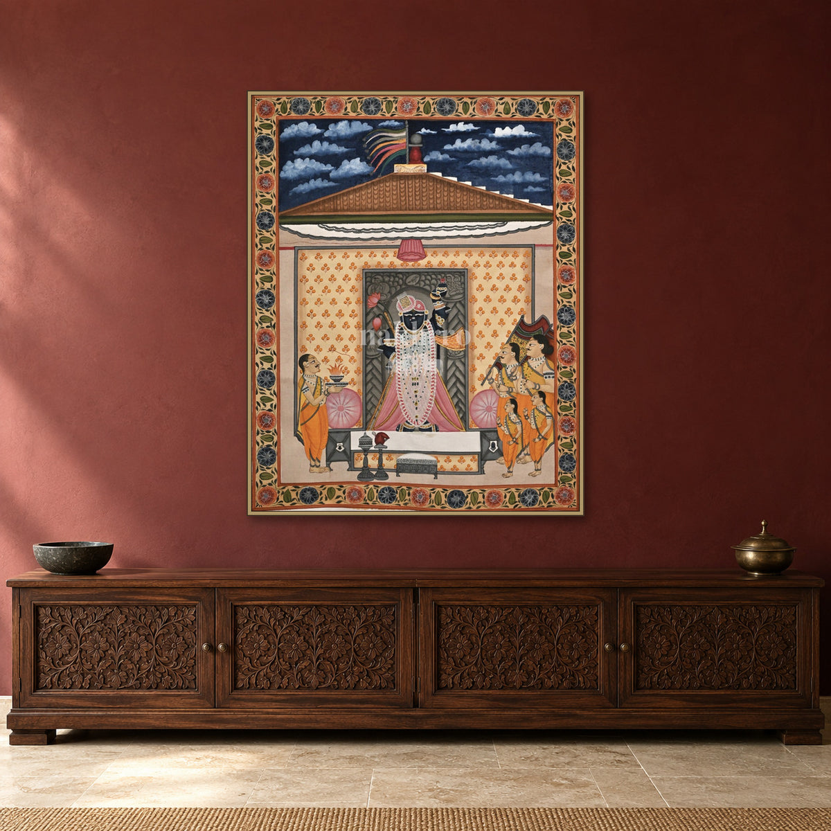 Shrinathji Aarti in the Temple — Indian luxury interior styling, slim frame, room 3