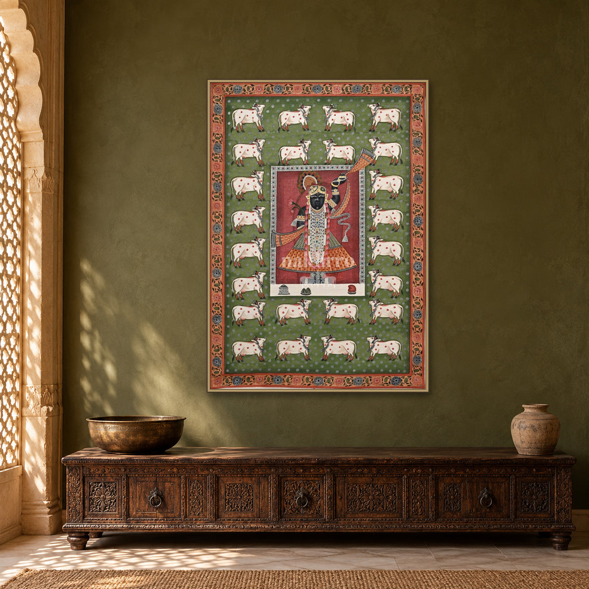 Shrinathji and White Cows on Green — Indian luxury interior styling, slim frame, room 1