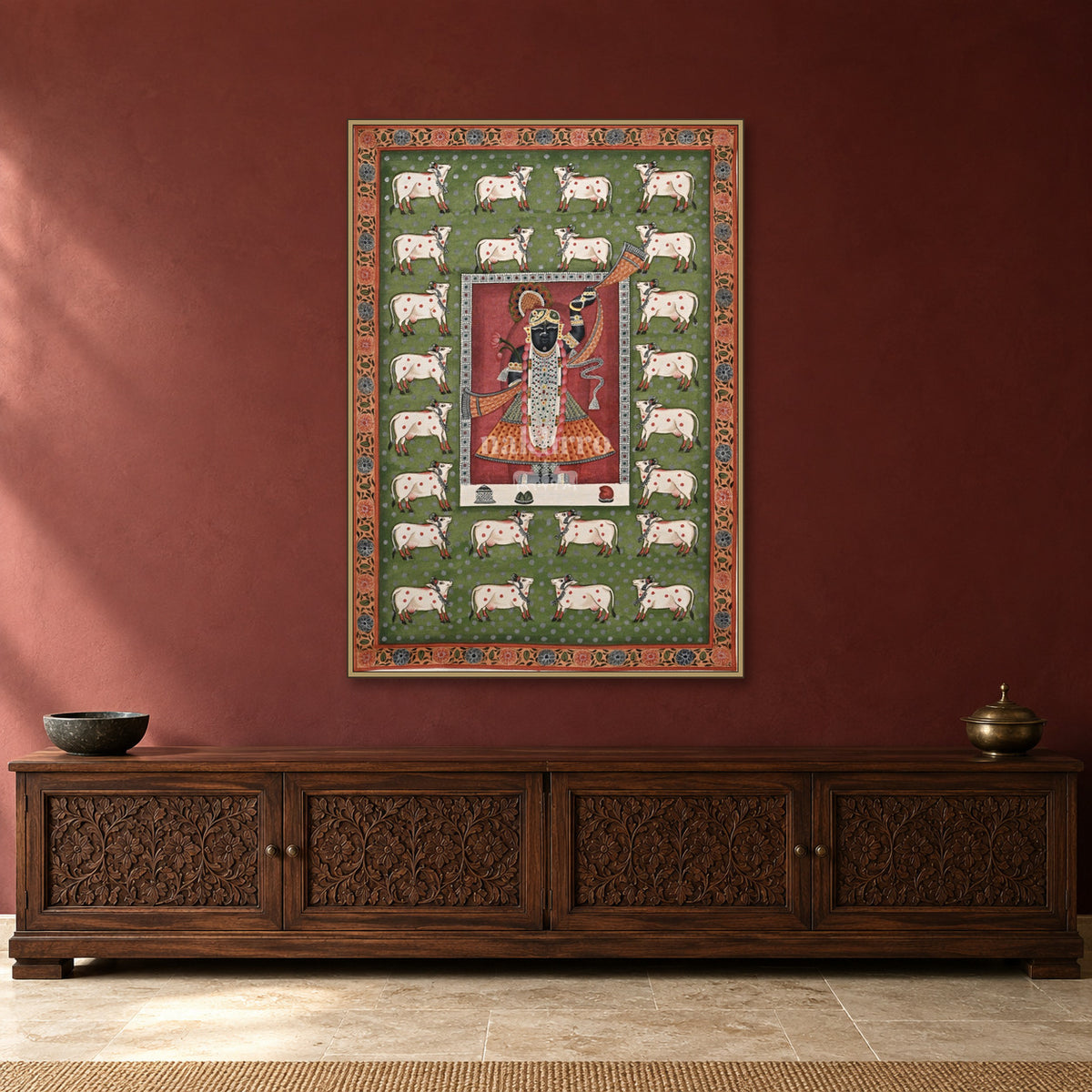 Shrinathji and White Cows on Green — Indian luxury interior styling, slim frame, room 3