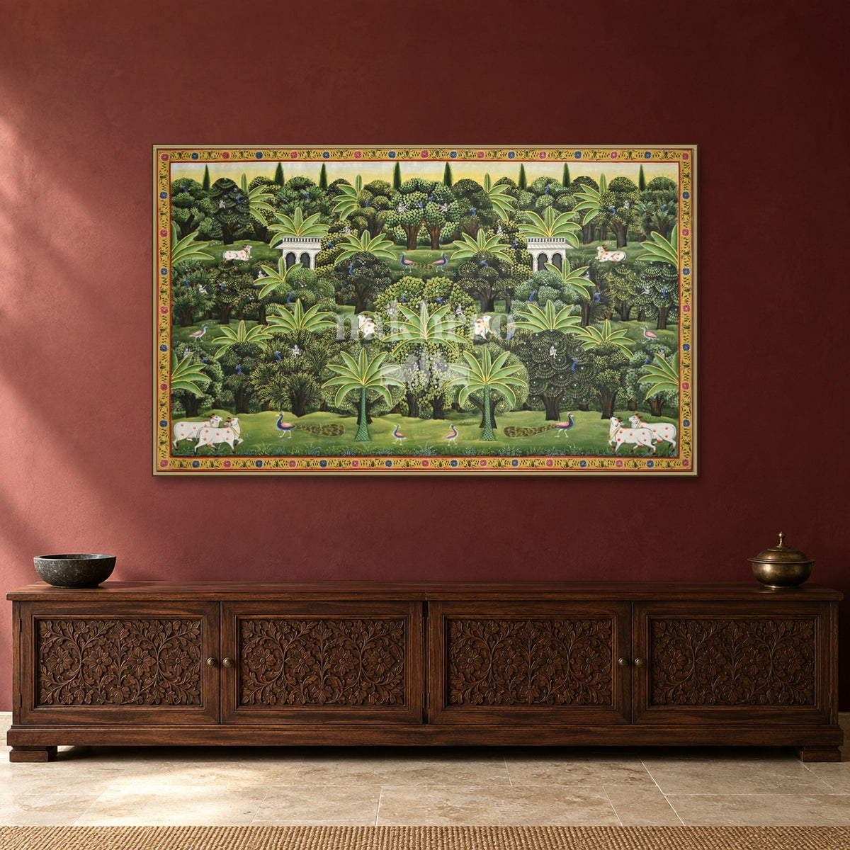 Vrindavan Grove with Cows and Peacocks — Indian luxury interior styling, slim frame, room 3