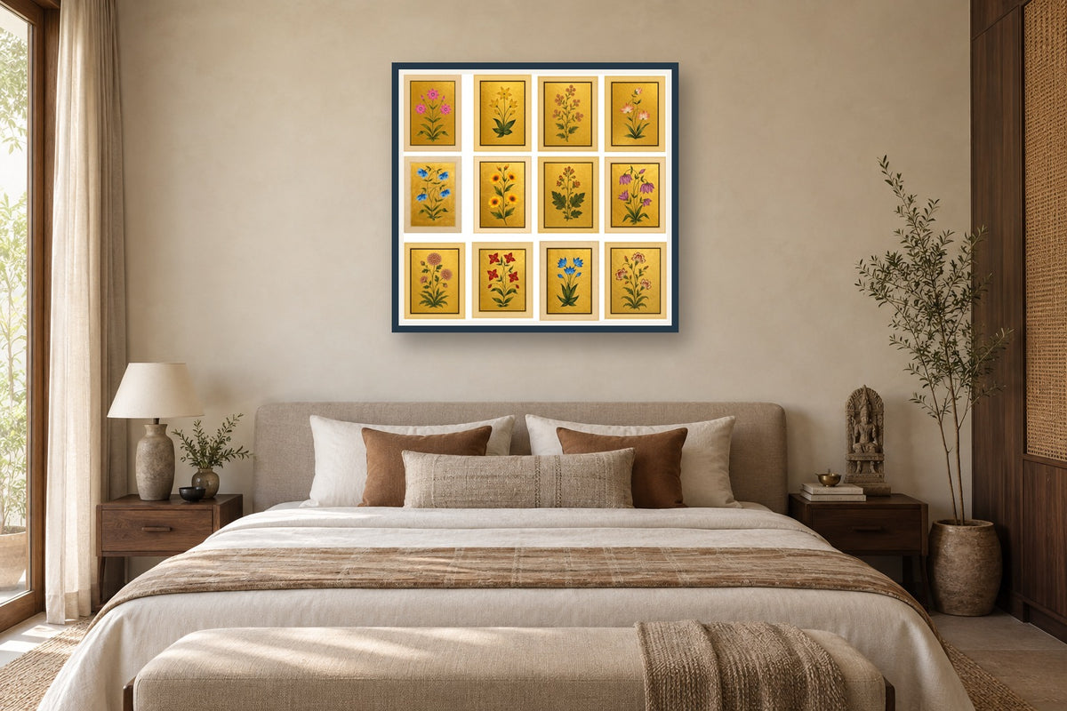 Mughal Flora gallery wall set styled in a premium bedroom
