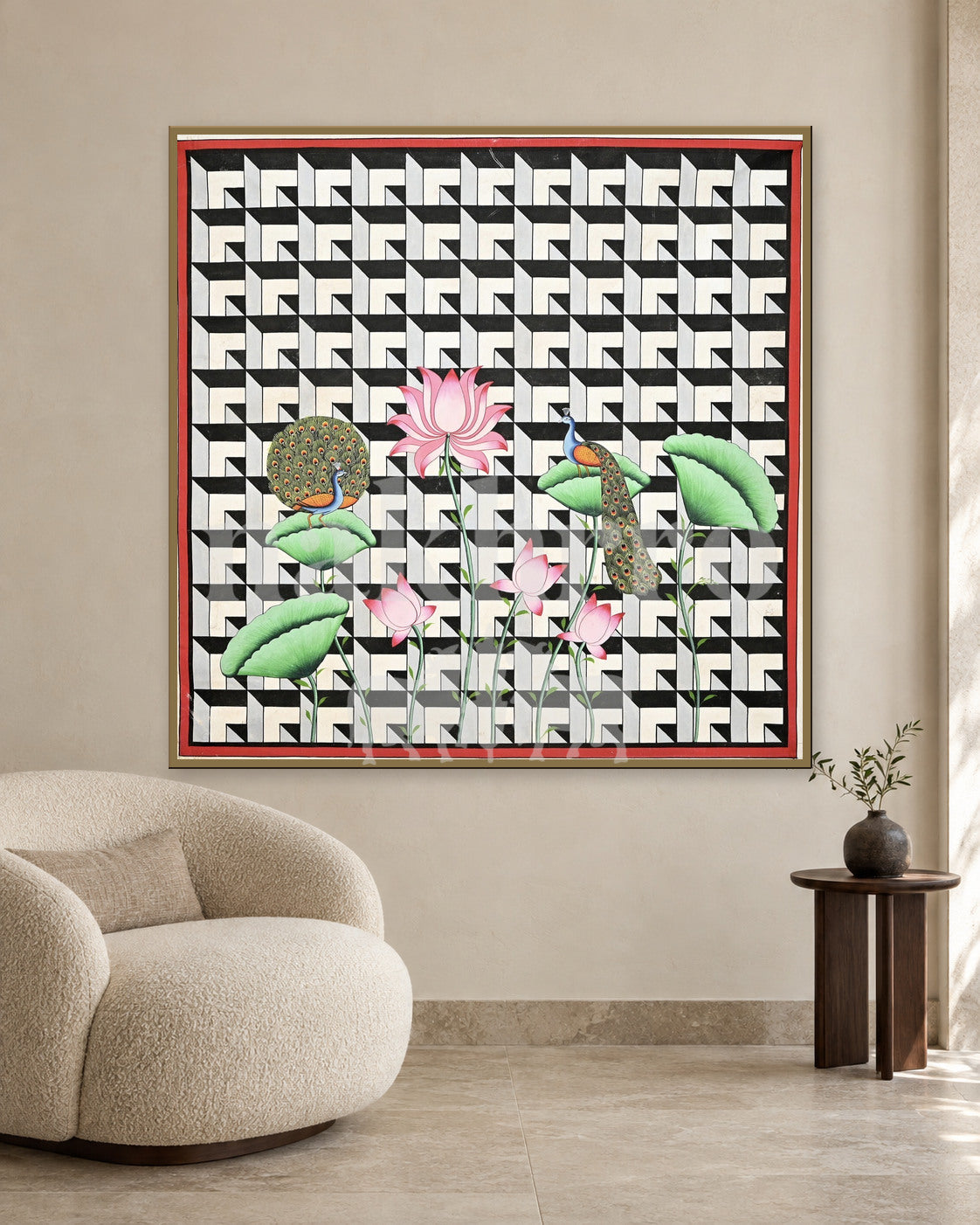 Peacocks and Pink Lotus on a Geometric Pattern — slim-frame room mockup 2 with Nakhrro watermark