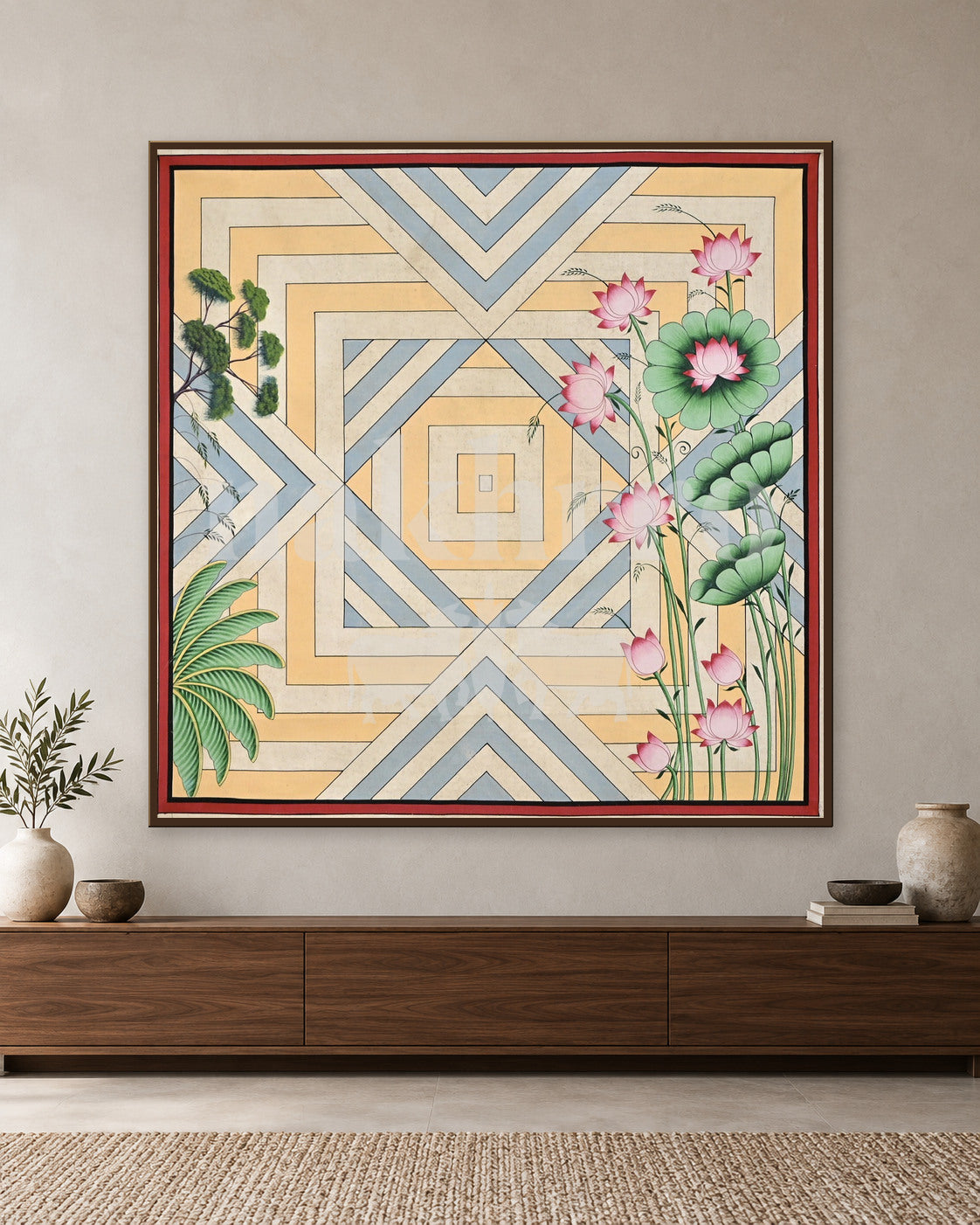Pink Lotuses on Pastel Geometric Diamonds — slim-frame room mockup 1 with Nakhrro watermark