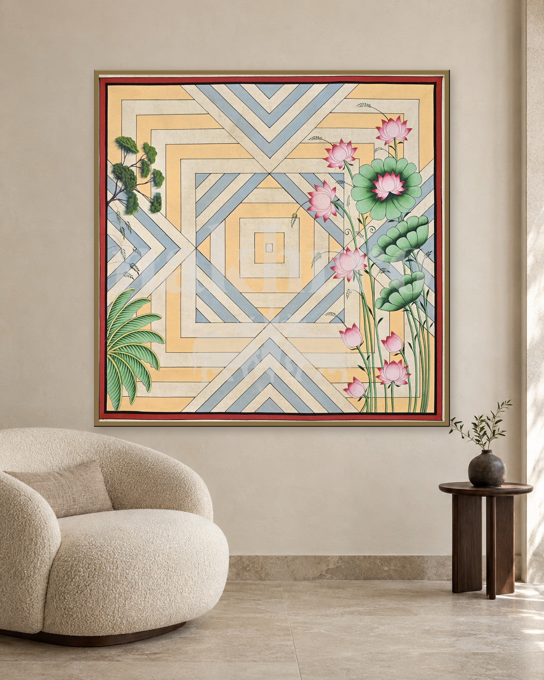 Pink Lotuses on Pastel Geometric Diamonds — slim-frame room mockup 2 with Nakhrro watermark