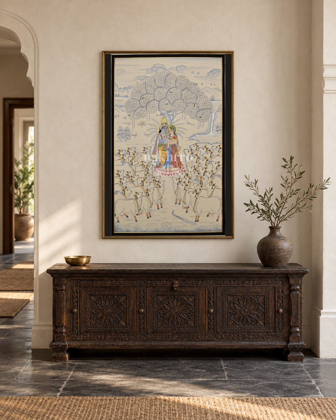 Radha Krishna Beneath the Kadamba Tree, framed in a luxurious Indian console setting; styling mockup