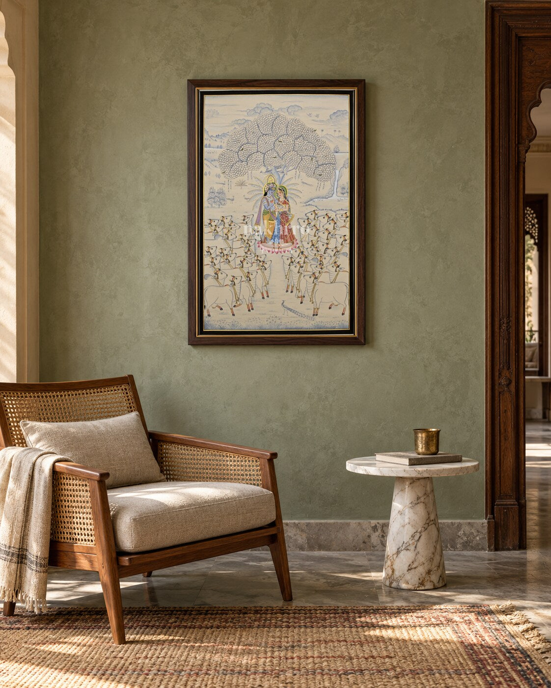 Radha Krishna Beneath the Kadamba Tree, framed in a sage Indian reading nook; styling mockup