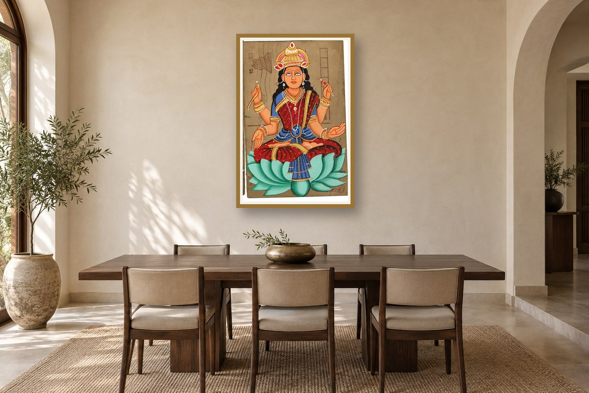 Red Laxmi Ji On Lotus Postcard styled in a premium dining room
