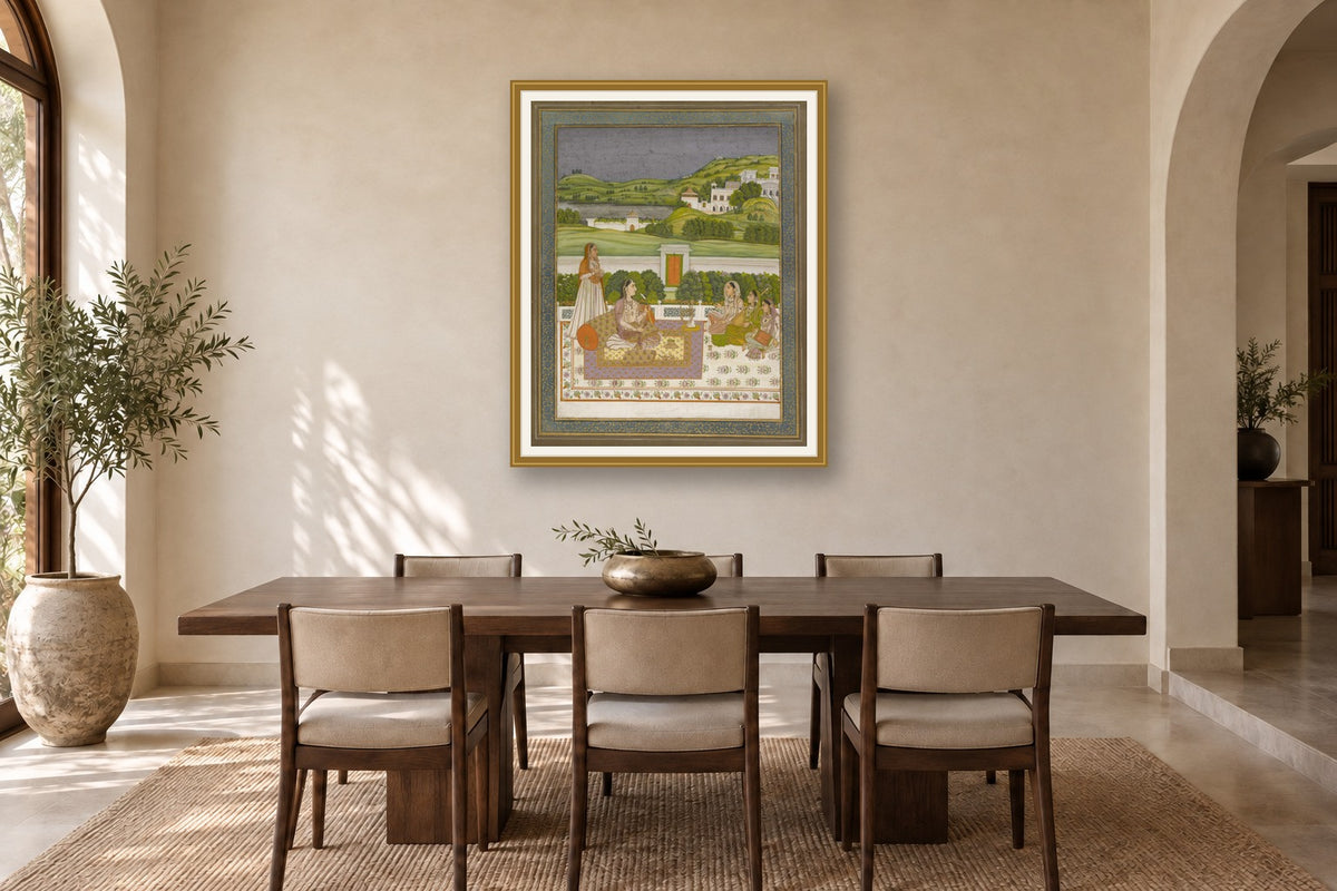 Royal Woman in Garden with Musicians museum-grade art print in a dining room
