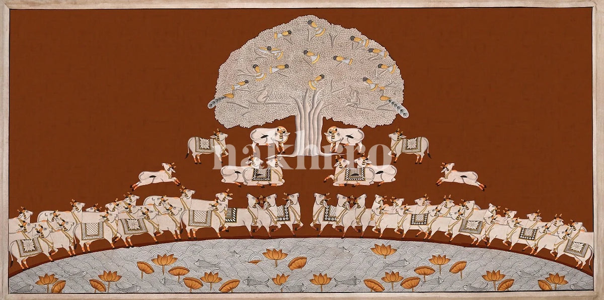 rust Tree of Life with white cows, birds and lotus pond — horizontal Pichwai art print