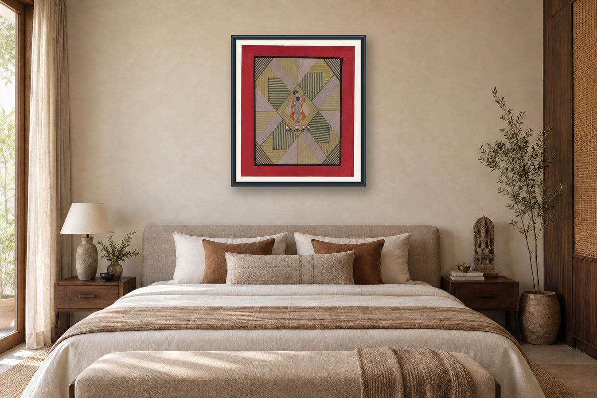 Shades Of Green Contemporary Geometric Pichwai styled in a premium bedroom