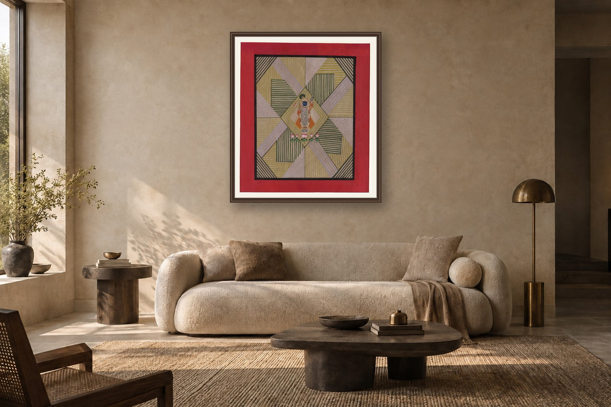 Shades Of Green Contemporary Geometric Pichwai styled in a premium living room