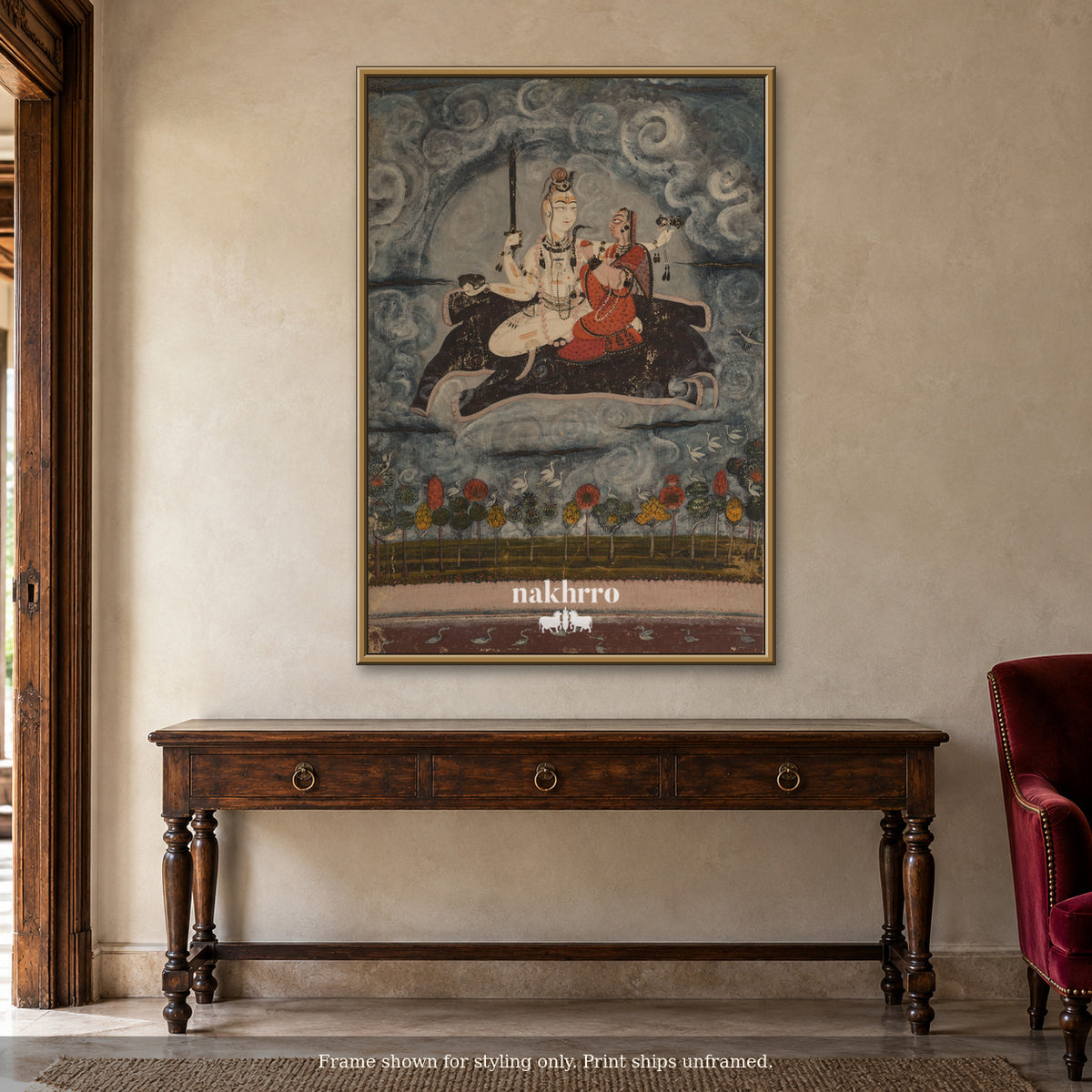 Shiva and Parvati Amid the Clouds — warm foyer framed styling mockup, print ships unframed