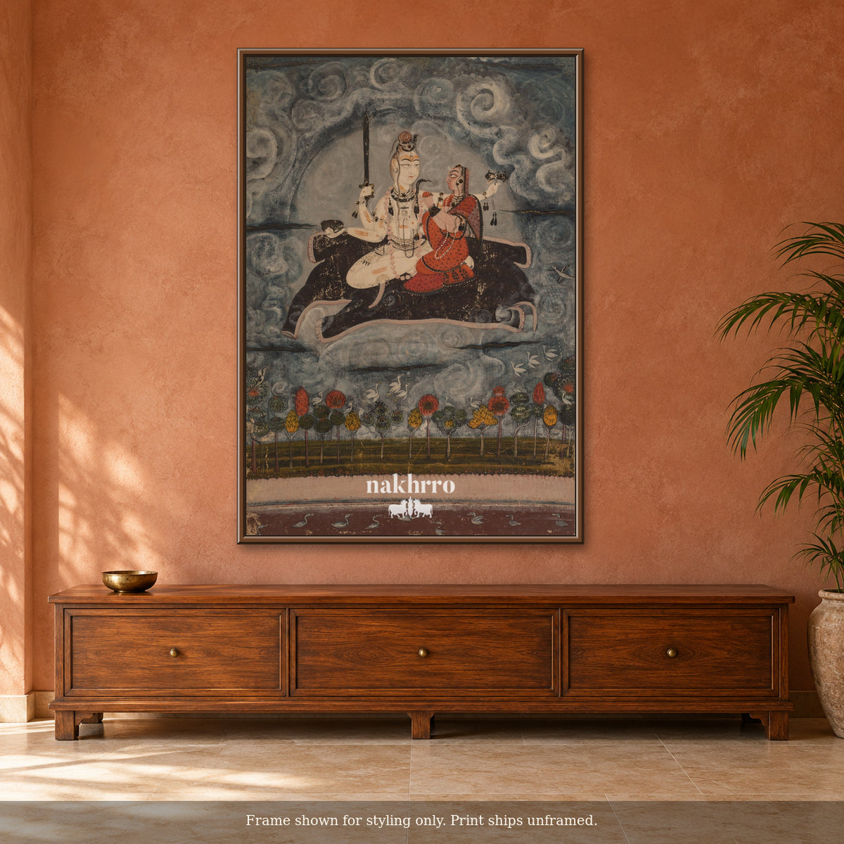 Shiva and Parvati Amid the Clouds — terracotta room framed styling mockup, print ships unframed